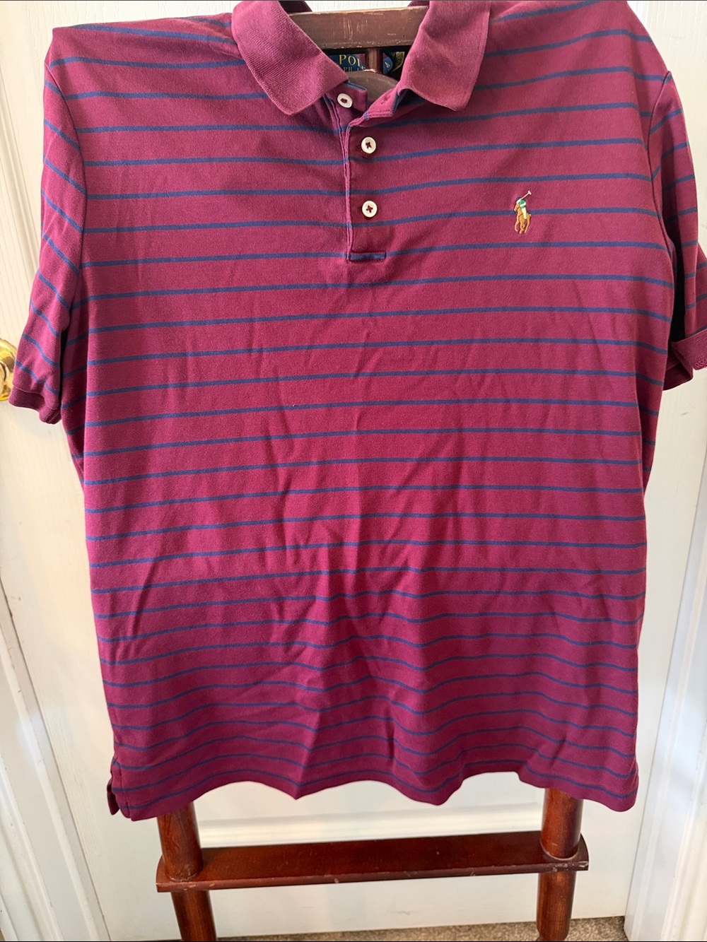 POLO by Ralph Lauren Magenta/Maroon Polo with Blue Stripes Classic Fit Size Lg